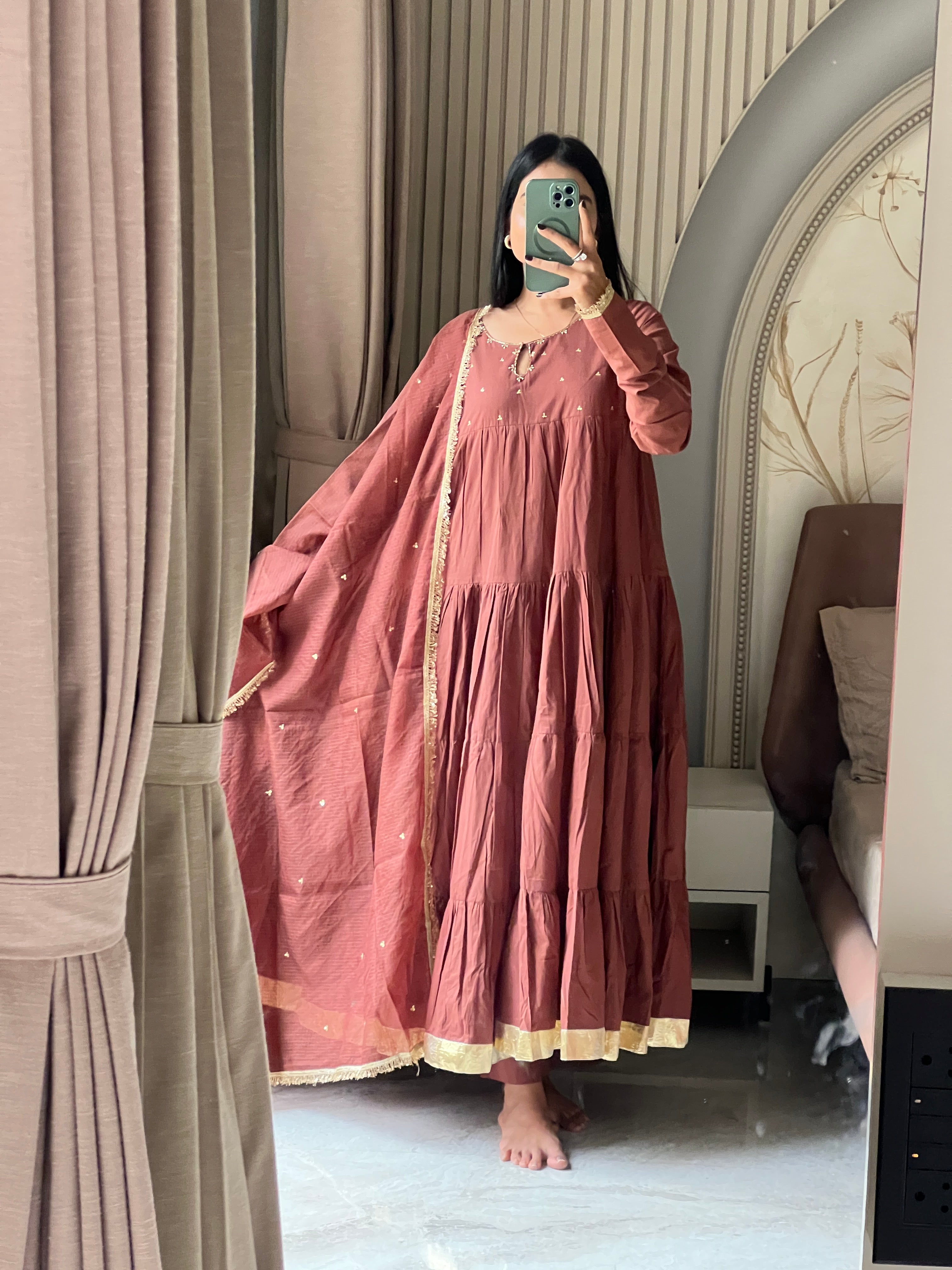 Brown full sleeves anarkali  set