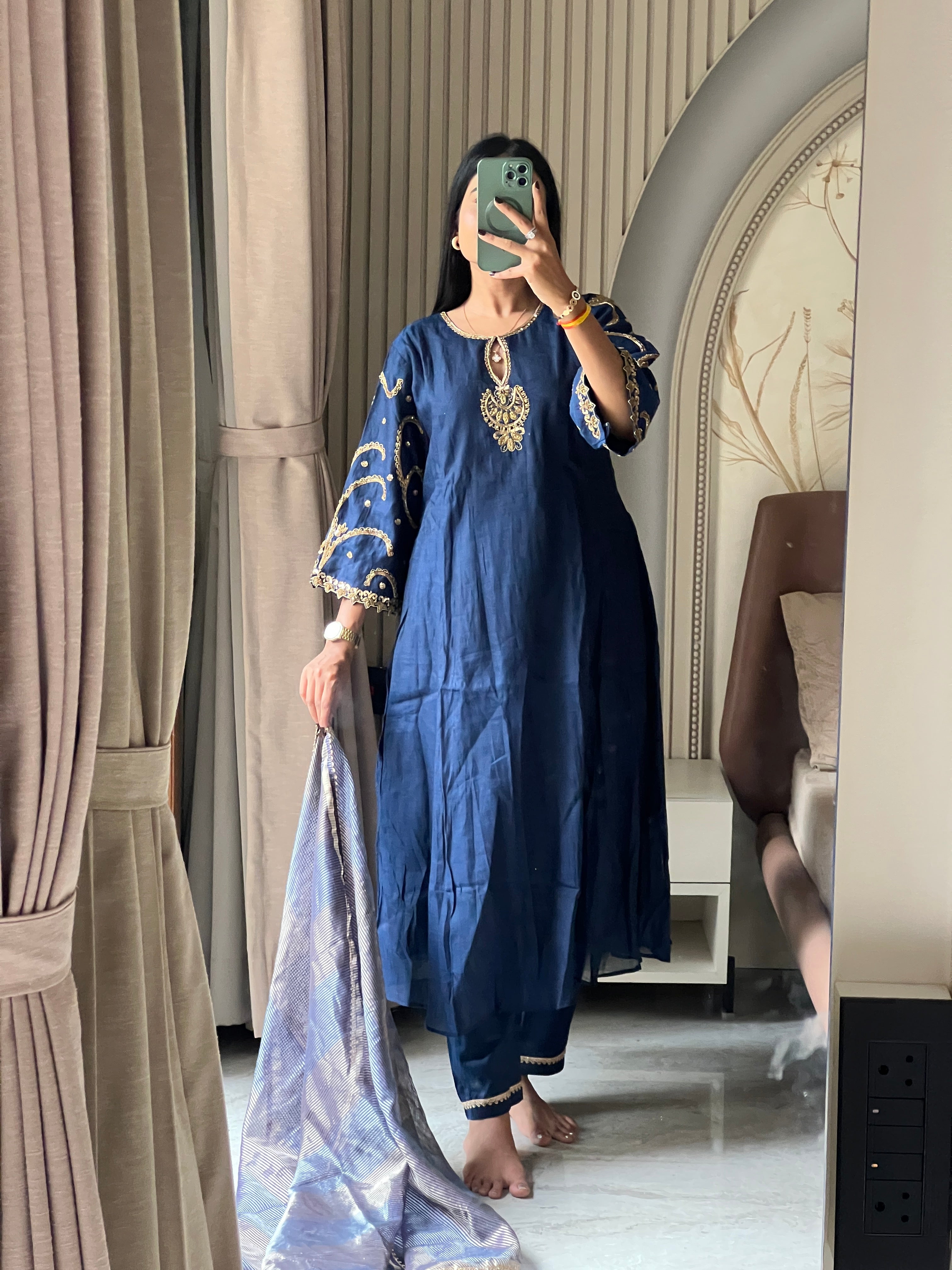 Blue jardosi work kurti set with striped dupatta