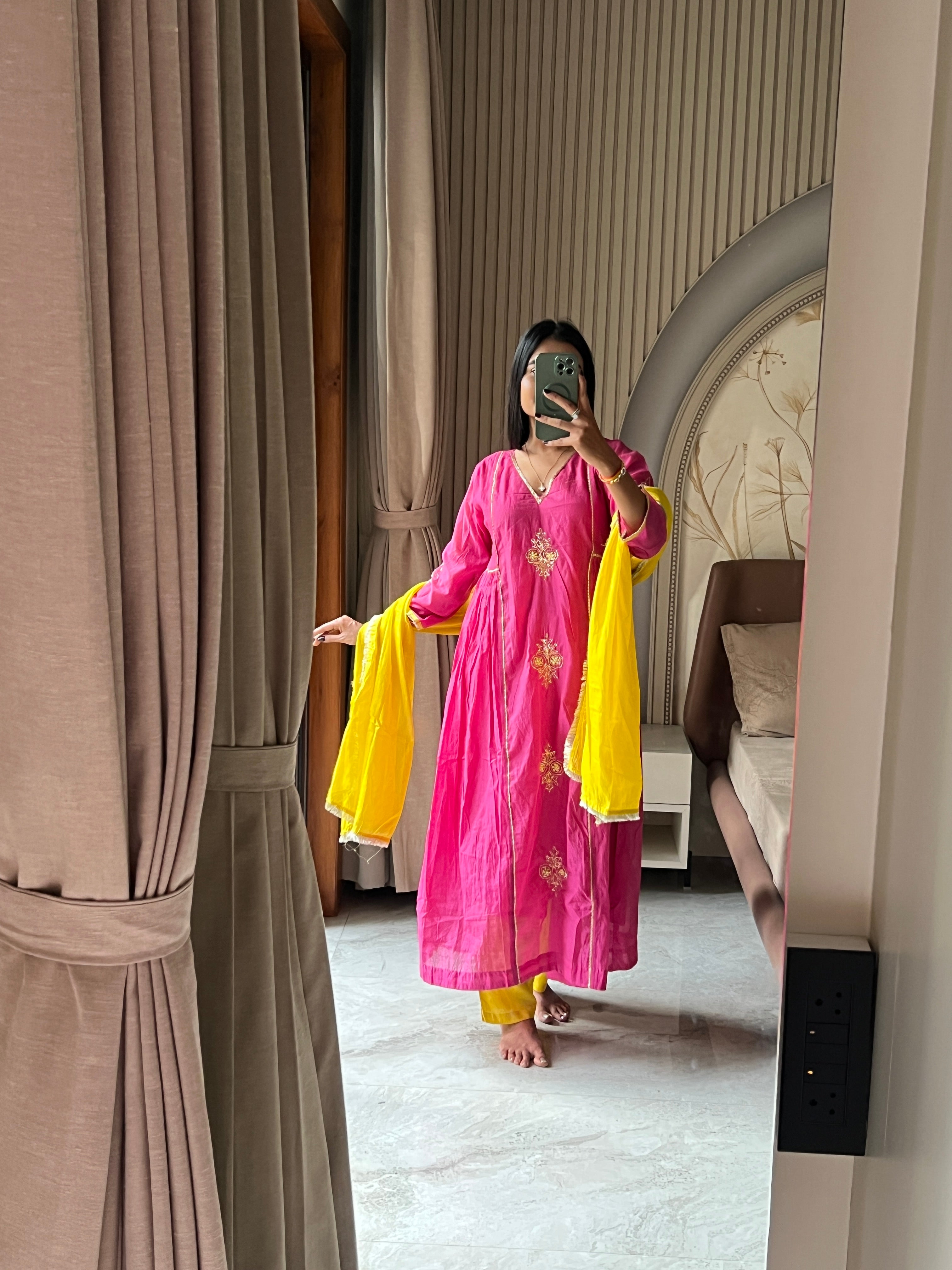 Chanderi suit set with contrast dupatta