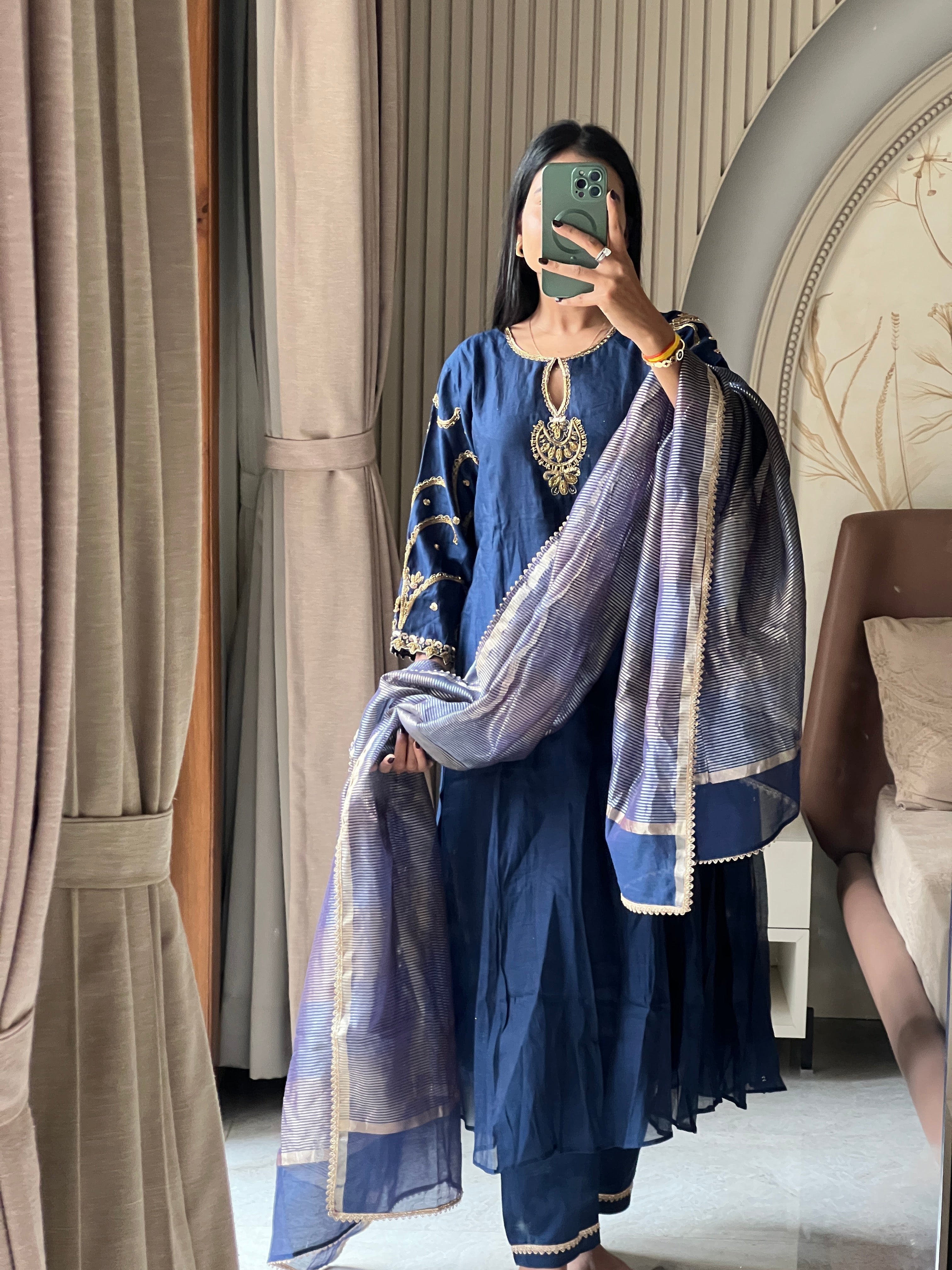 Blue jardosi work kurti set with striped dupatta