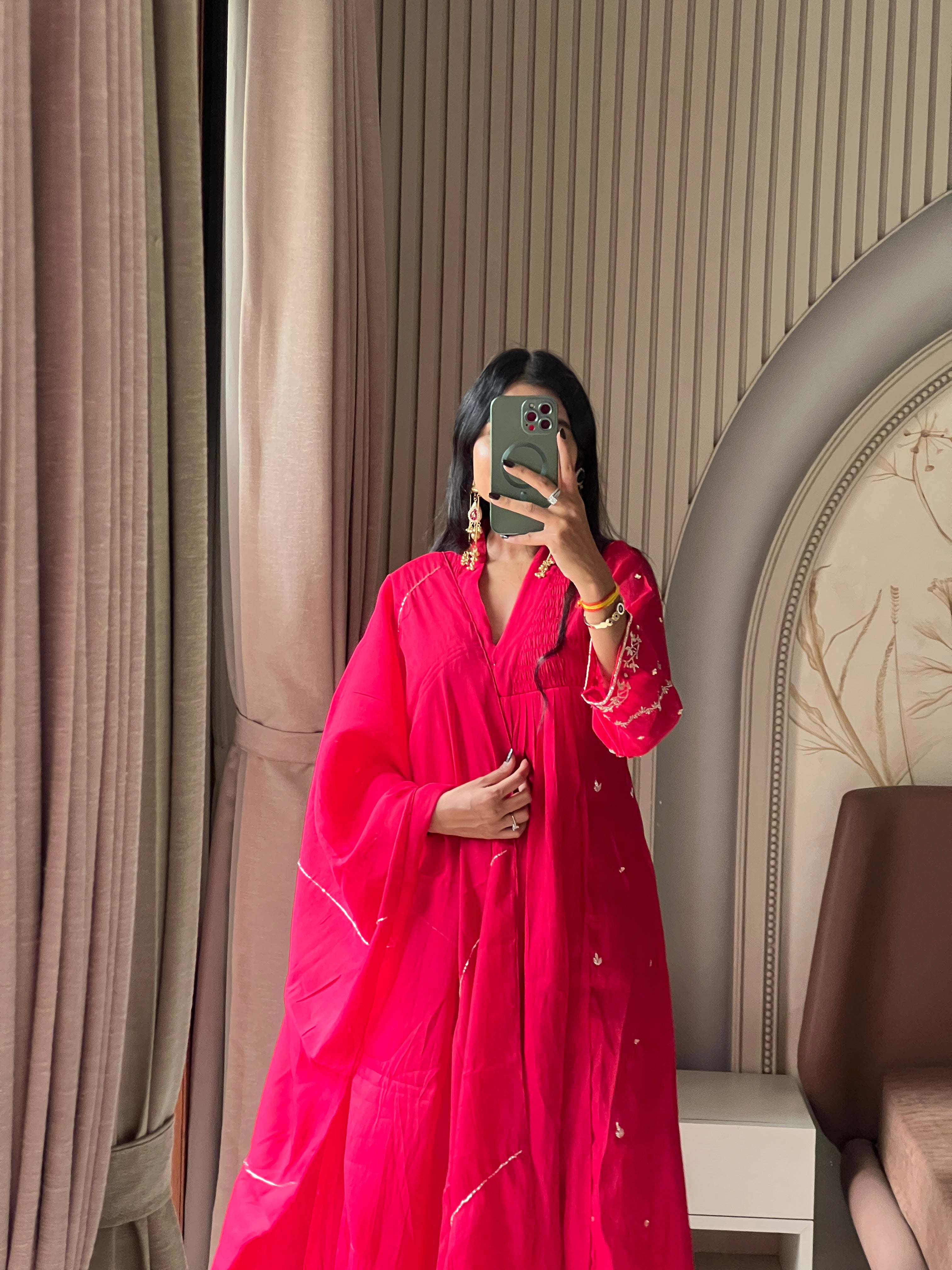 Hot pink kurti set with beautiful sleeves work