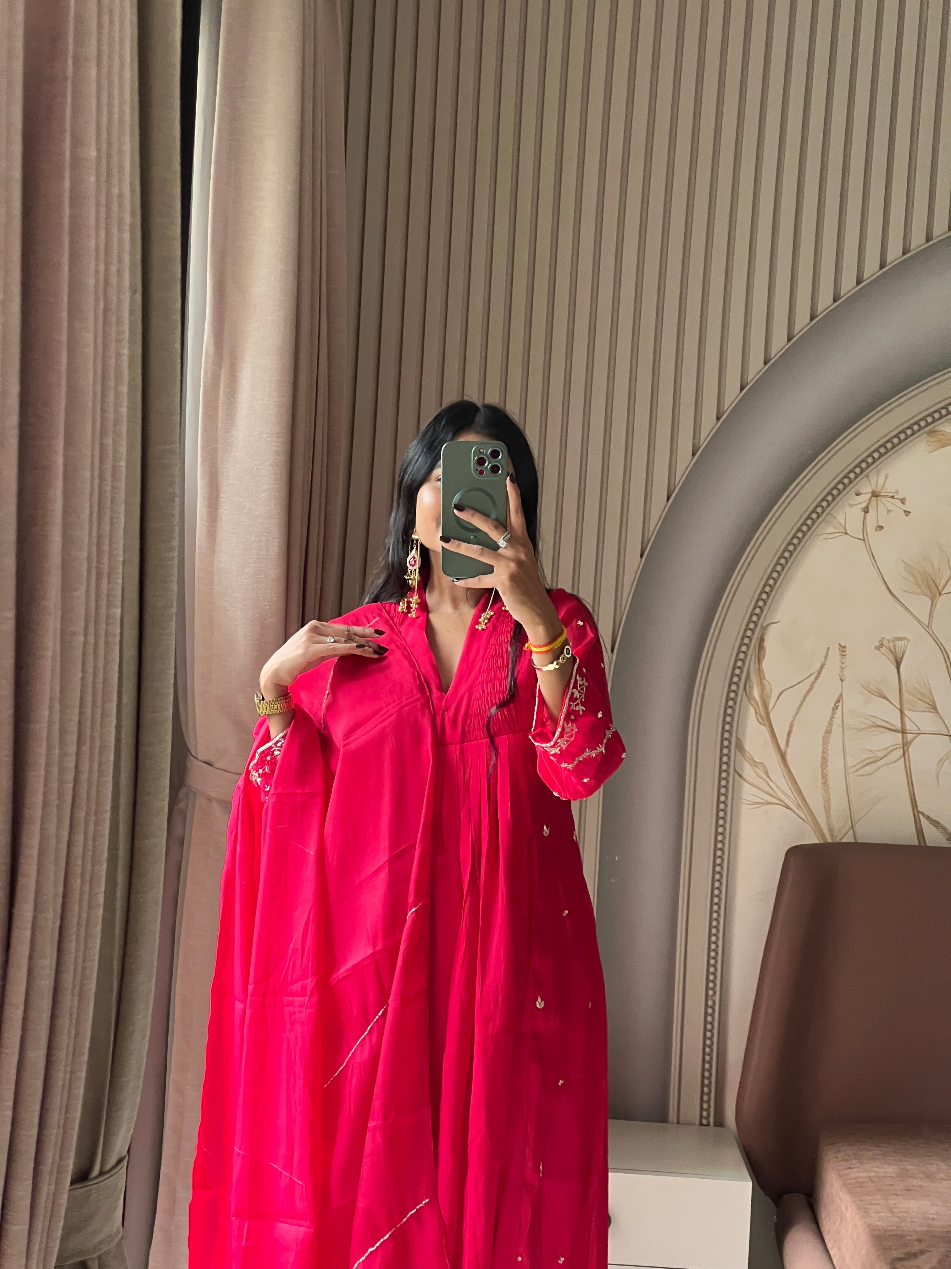 Hot pink kurti set with beautiful sleeves work