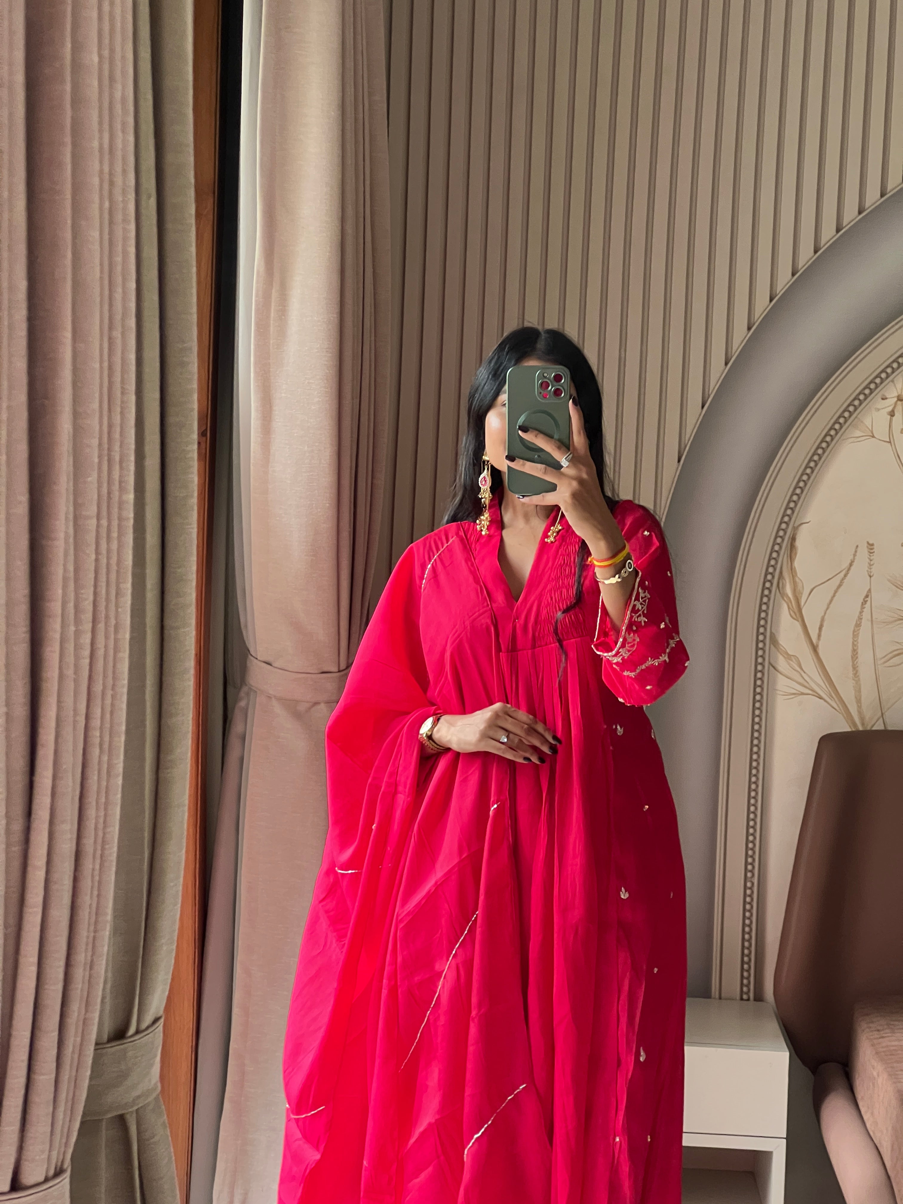 Hot pink kurti set with beautiful sleeves work