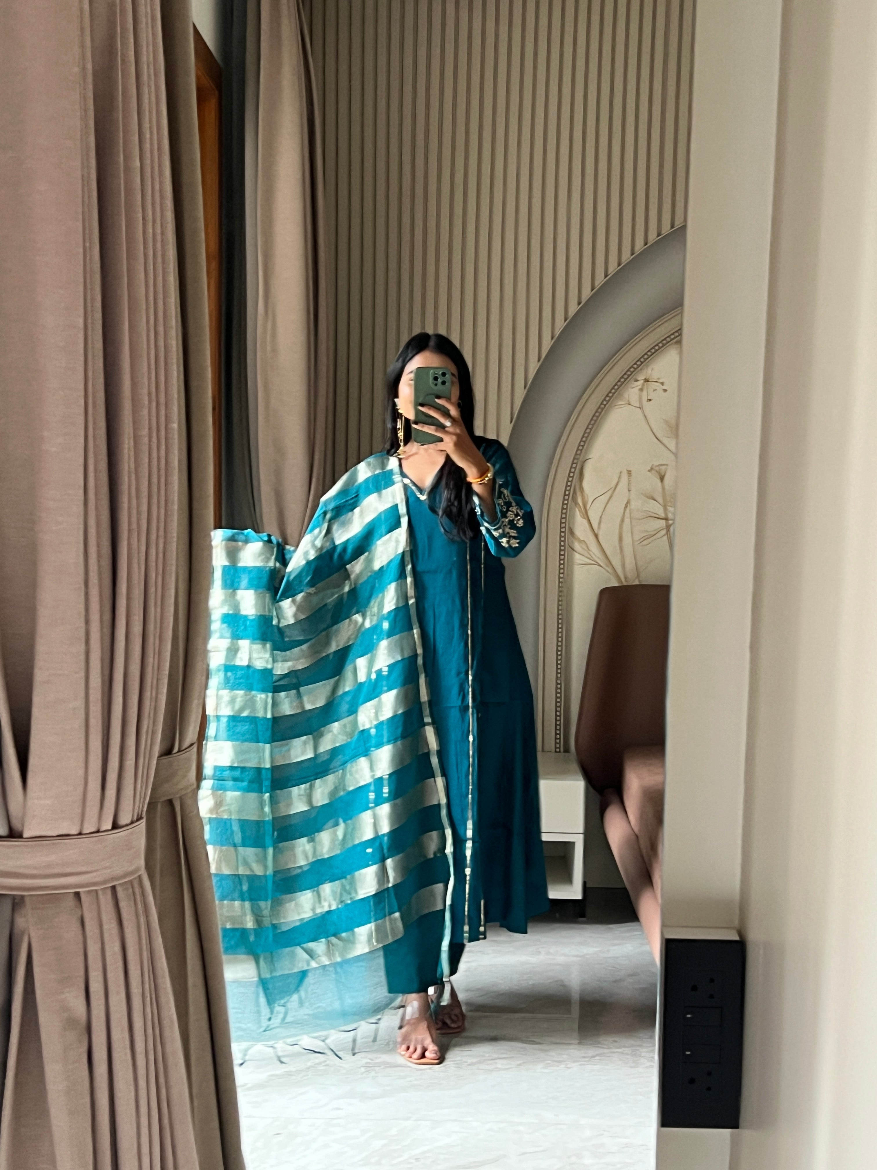 Petrol blue Mul chanderi set