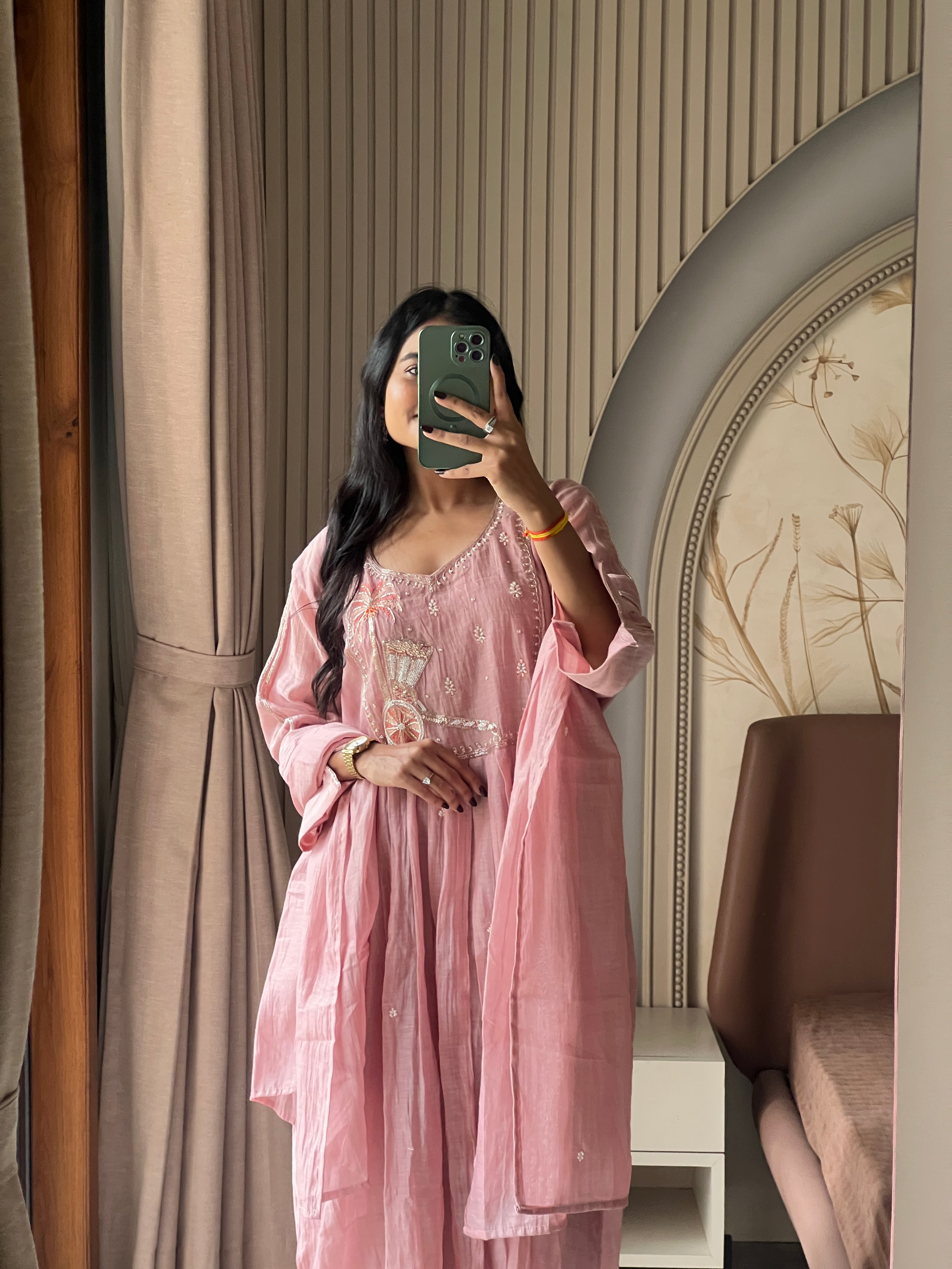 Mul chanderi pink suit set with beautiful work