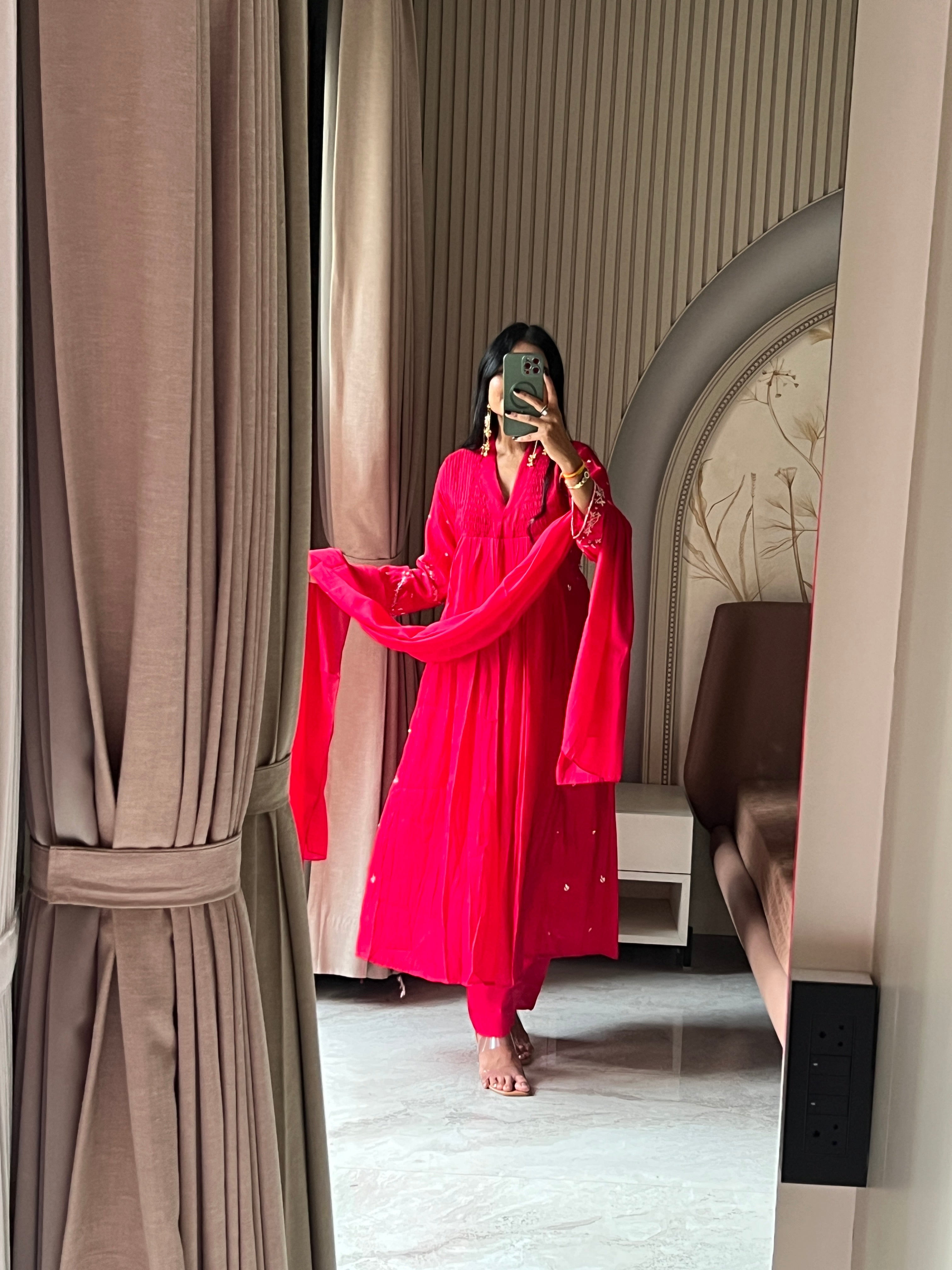 Hot pink kurti set with beautiful sleeves work