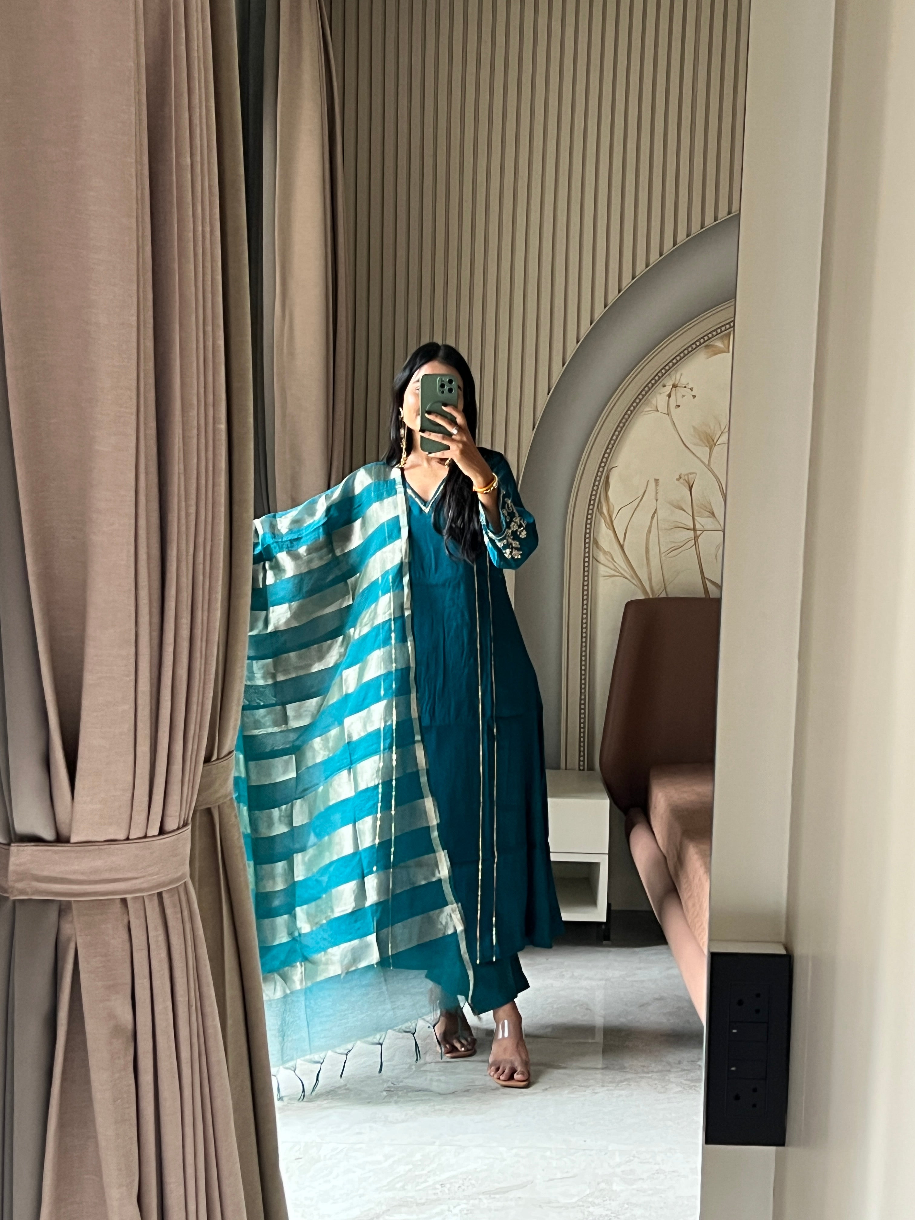 Petrol blue Mul chanderi set