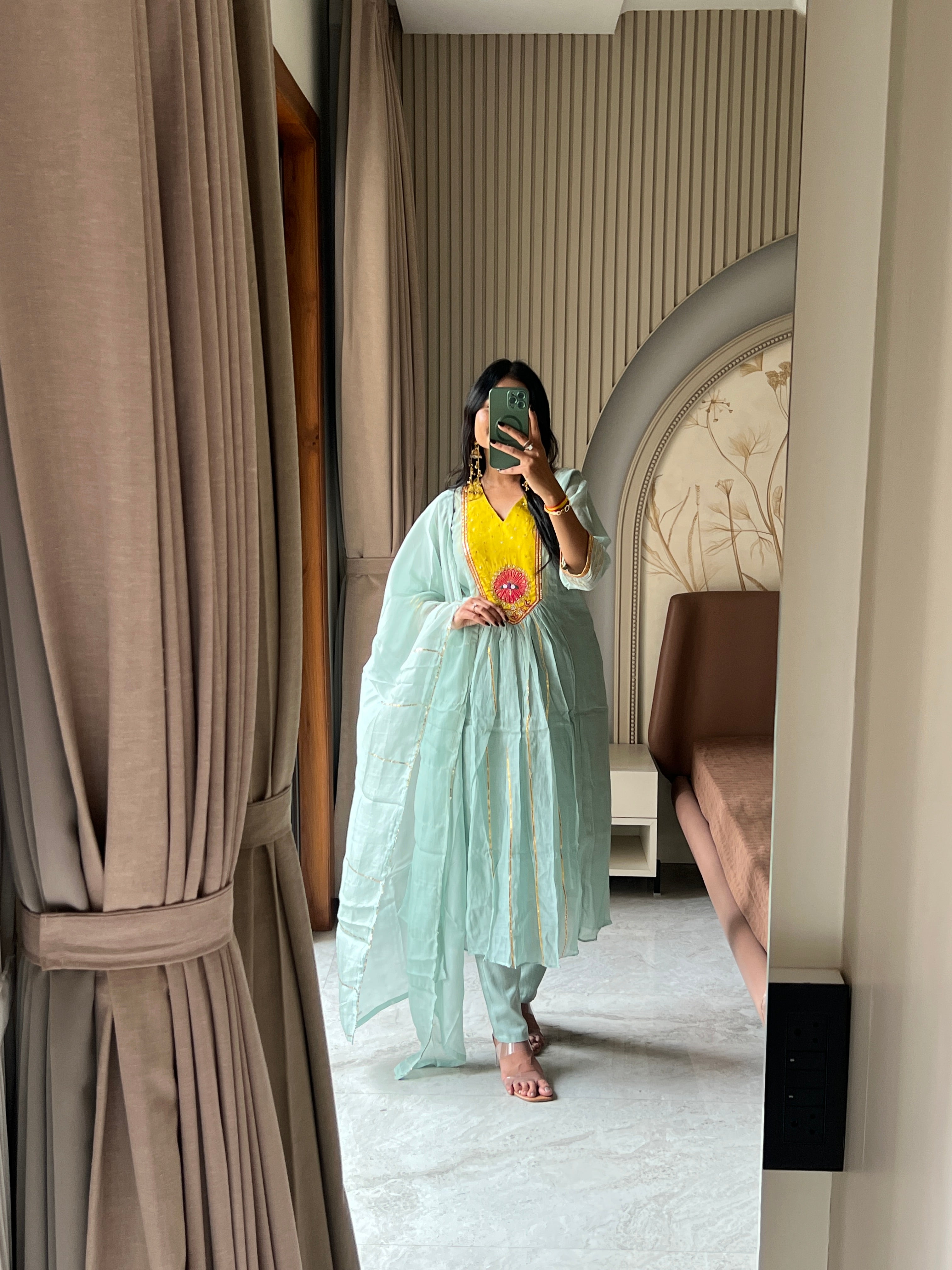 Sky and yellow kurti set