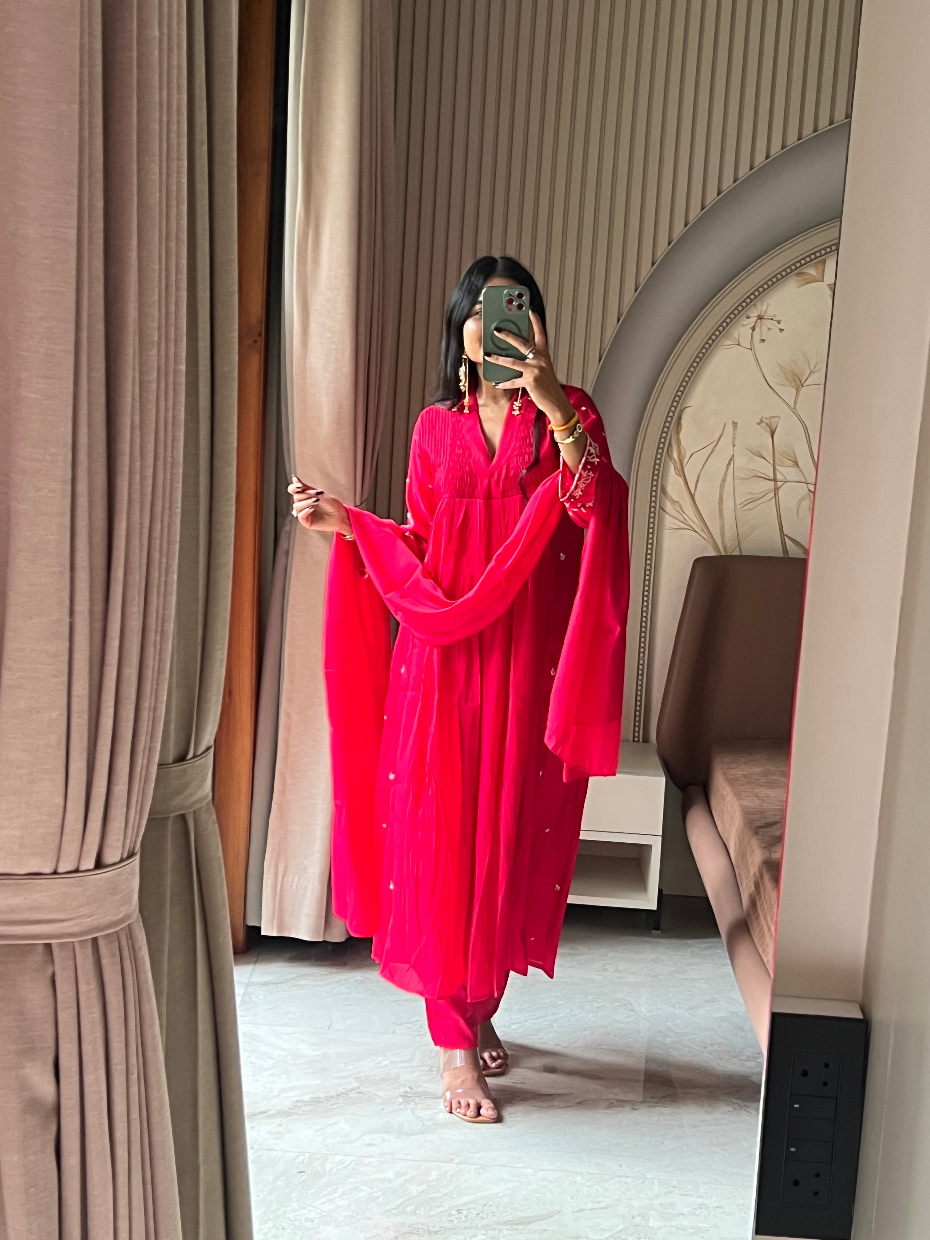 Hot pink kurti set with beautiful sleeves work