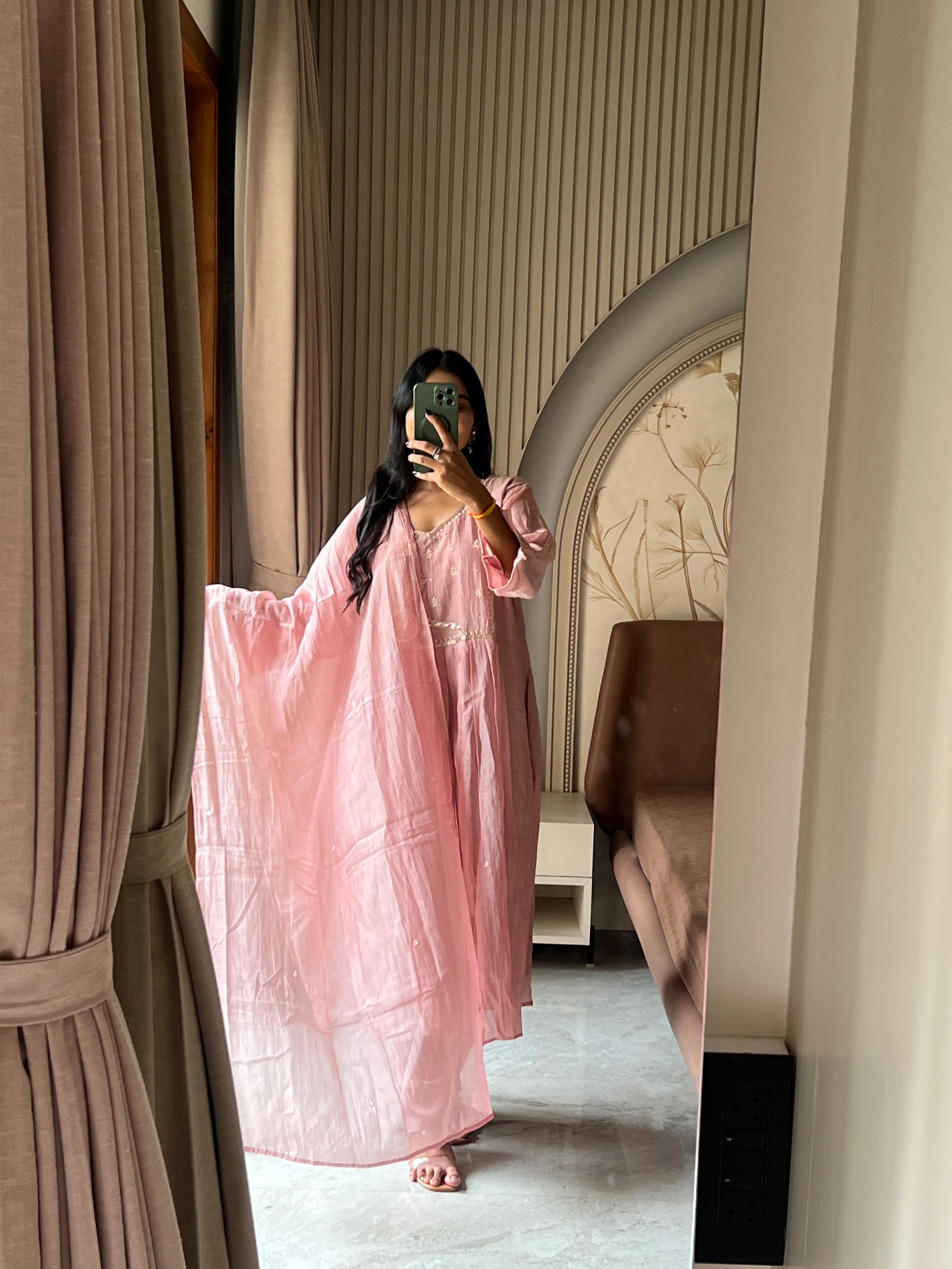 Mul chanderi pink suit set with beautiful work