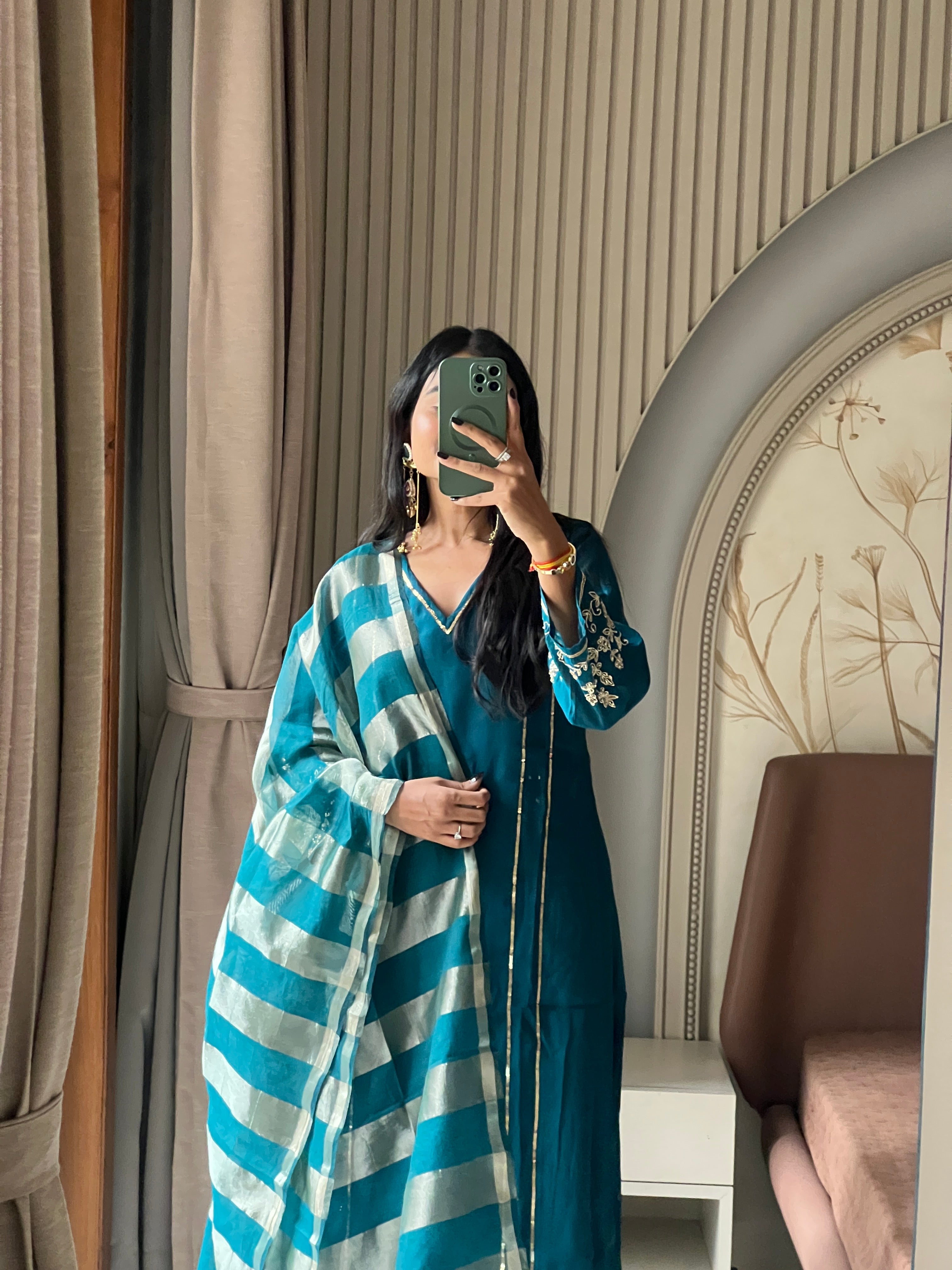 Petrol blue Mul chanderi set