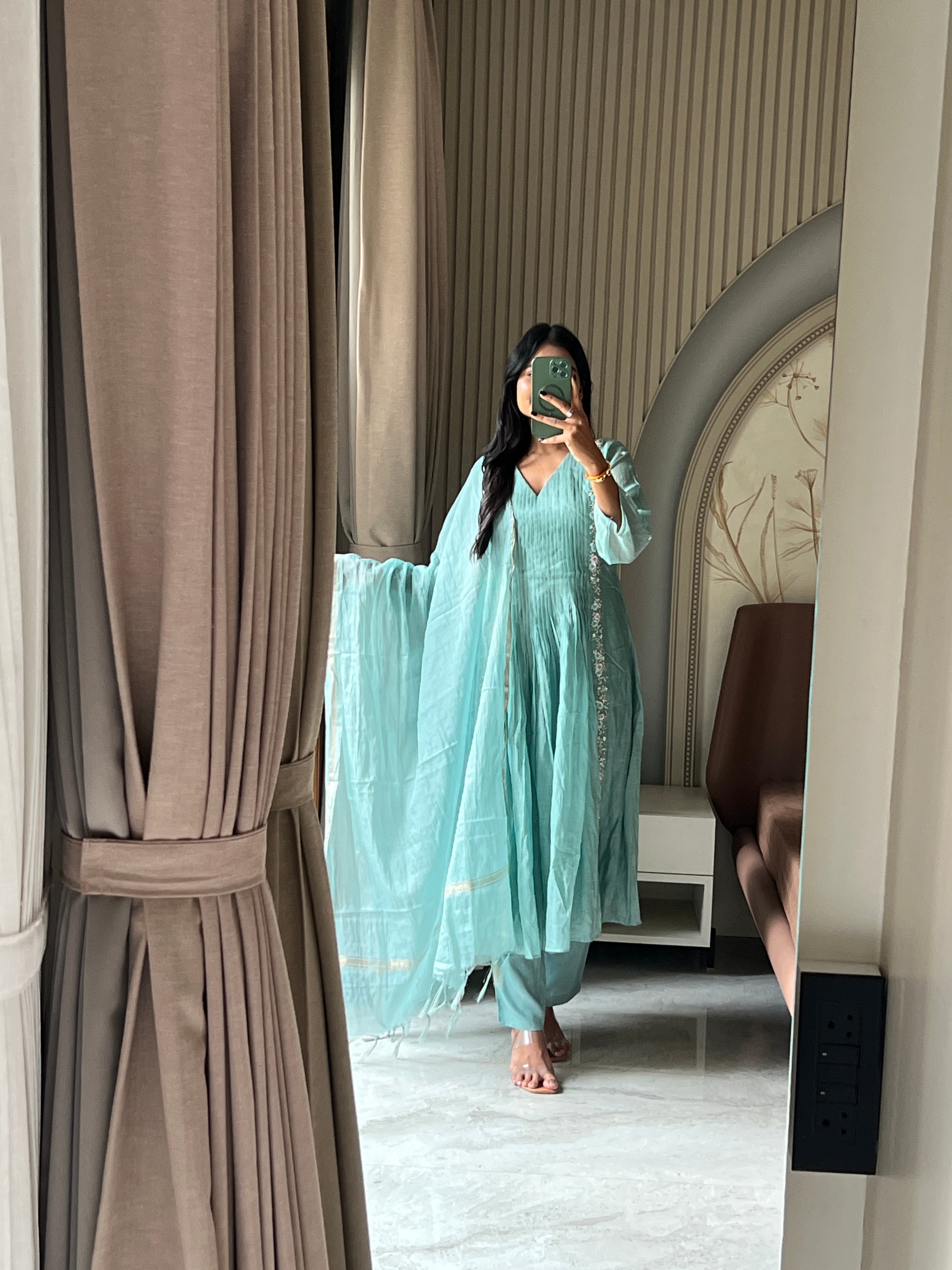 Sky Mul chanderi suit set with beautiful hand embroidery