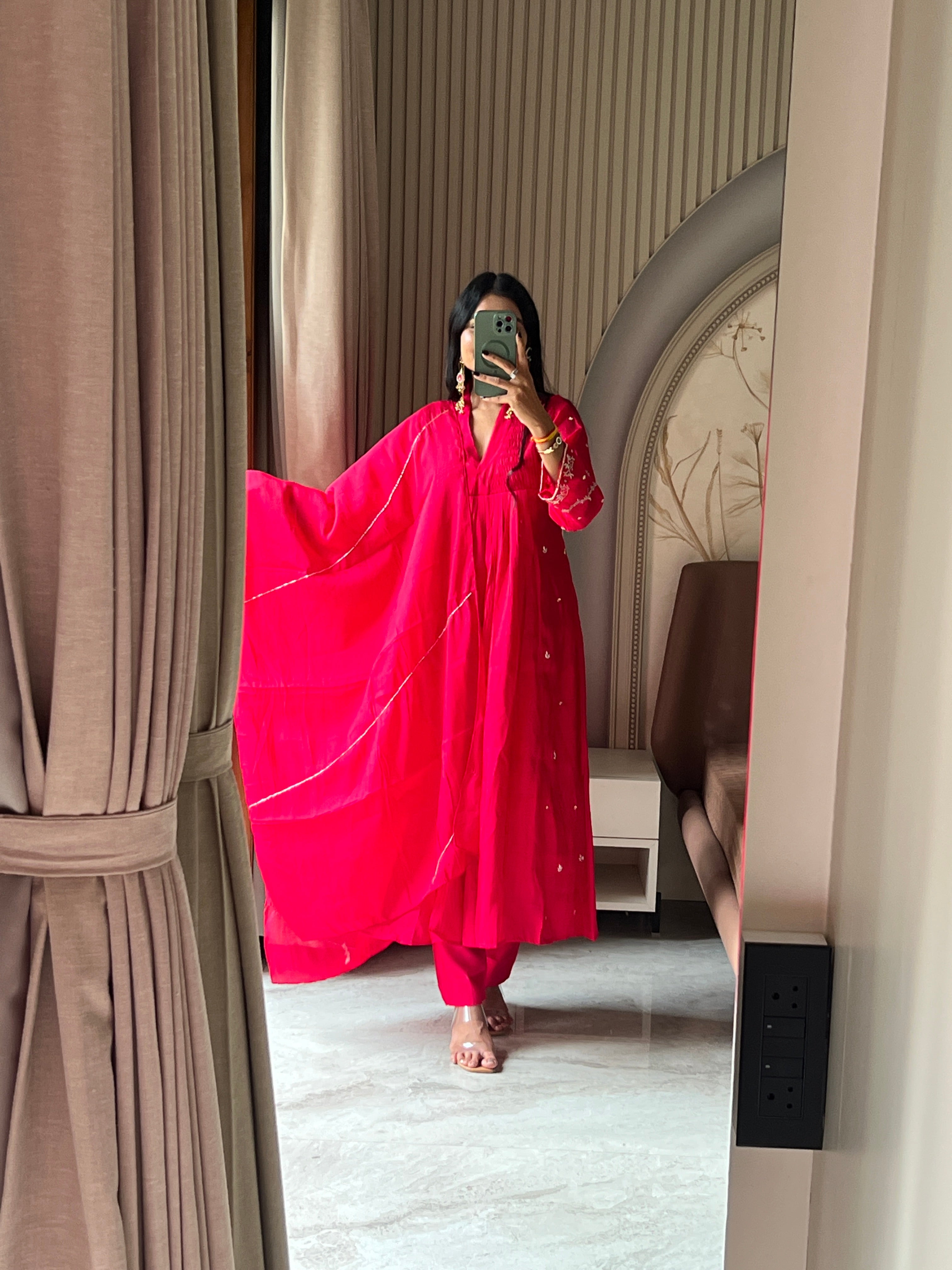 Hot pink kurti set with beautiful sleeves work