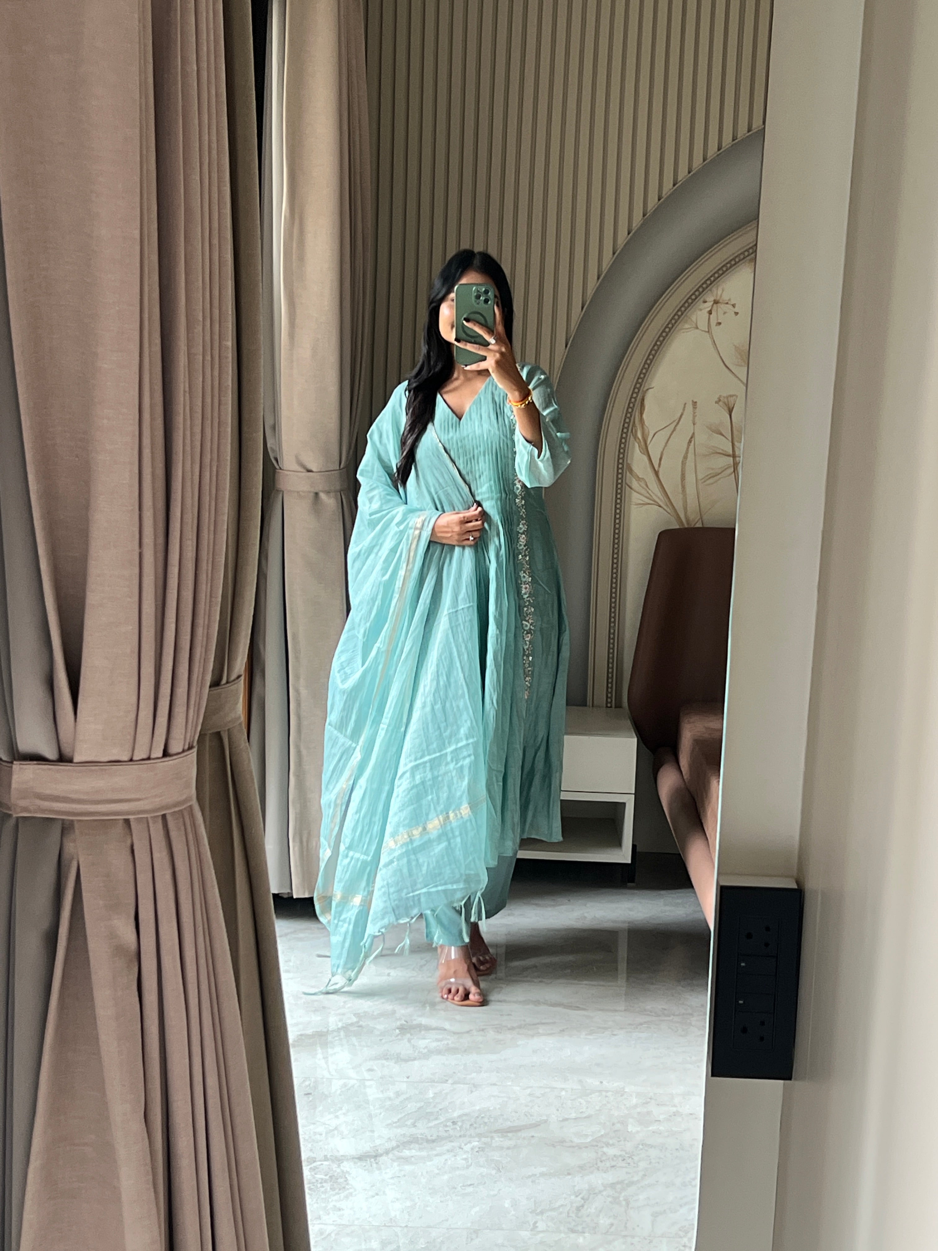 Sky Mul chanderi suit set with beautiful hand embroidery